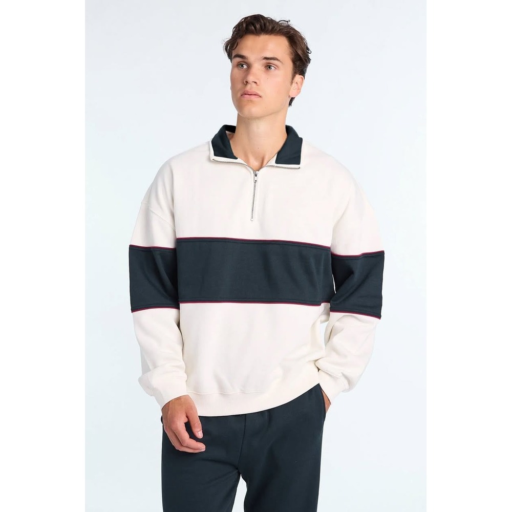 Abercrombie & Fitch Quarter Zip Sweatshirt Mens Colorblock Medium Cream Navy Red